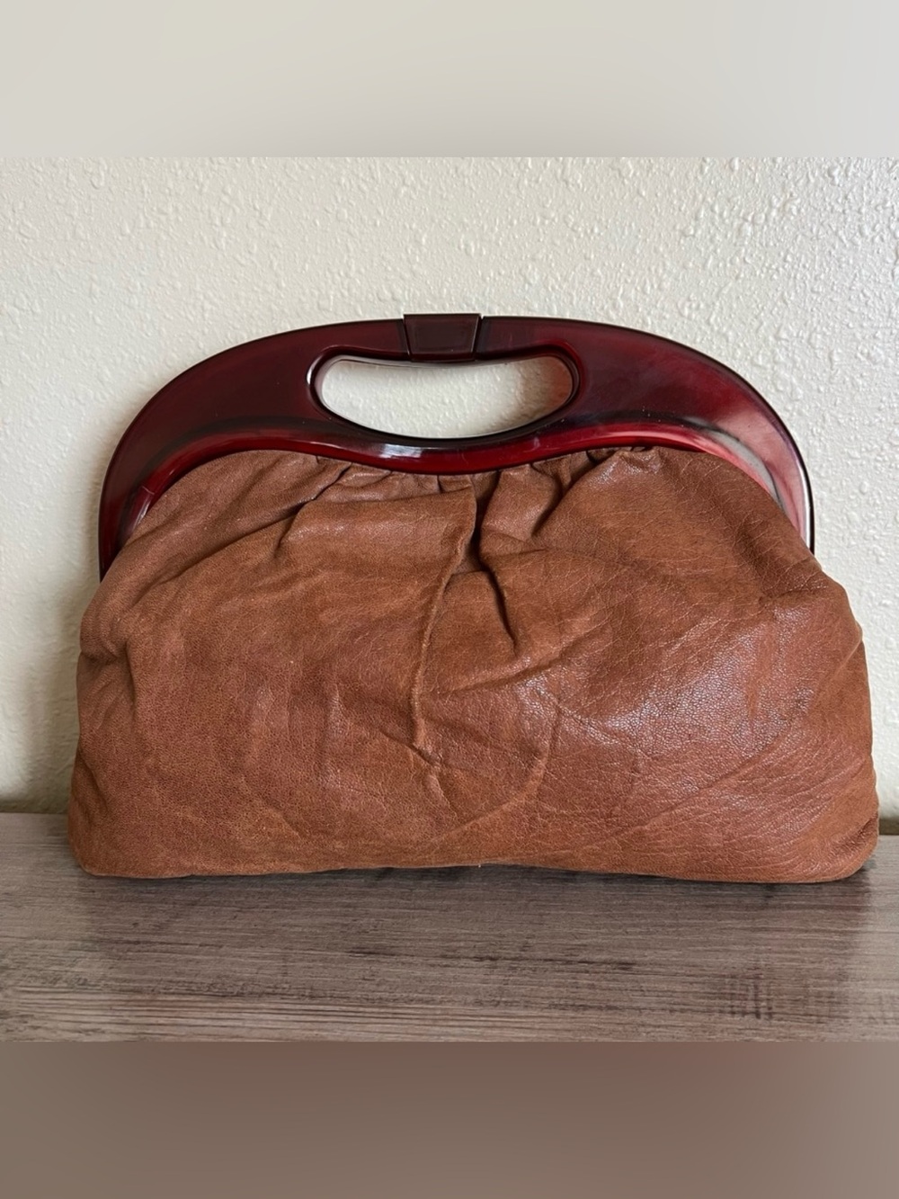 Vintage 70’s Clutch Handbag Purse Brown Vinyl Tortoise Handle Retro Classy